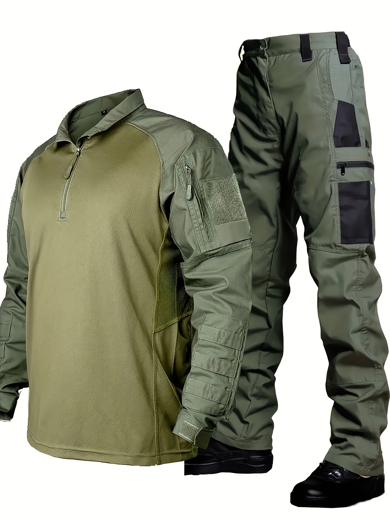 2pcs   long sleeve pants set   summer autumn frog suit stand collar long sleeve top and 047 workwear pants mens couple outdoor casual suit army green 0