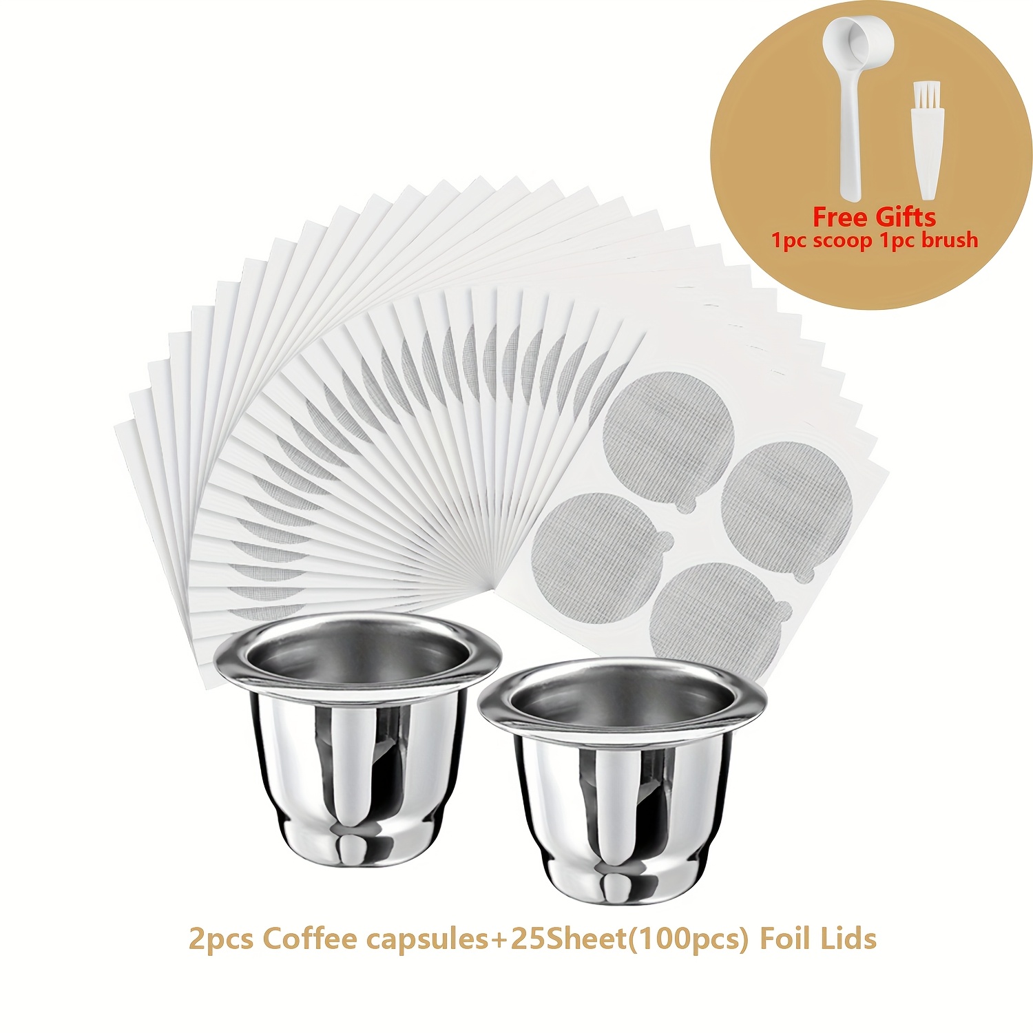 TEMU 1 Set = 2 Cups   3.7cm 100 Aluminum Foil Lids, Reusable Espresso Capsules, Refillable Coffee Pods, Stainless Steel Cup Filter Compatible With