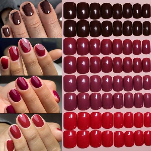 96pcs mixed 4 red solid color short square press on nails short nails short on nails short nails shiny press on nails 12 sizes short press on nails for wide nail beds stick on nails for small hand 1sheet tape 1pc nail file