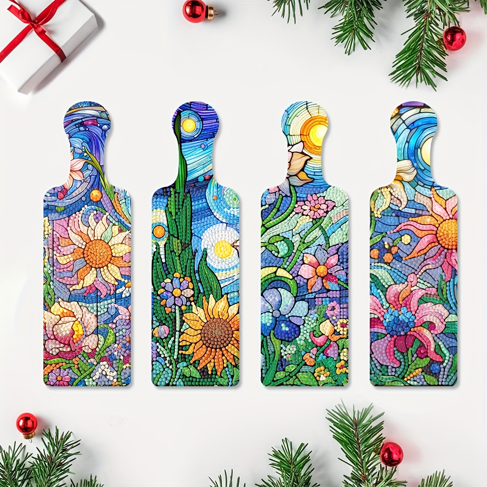 

4pcs Diy Diamond Painting - Floral Designs, Handcrafted Wooden Trays For Home