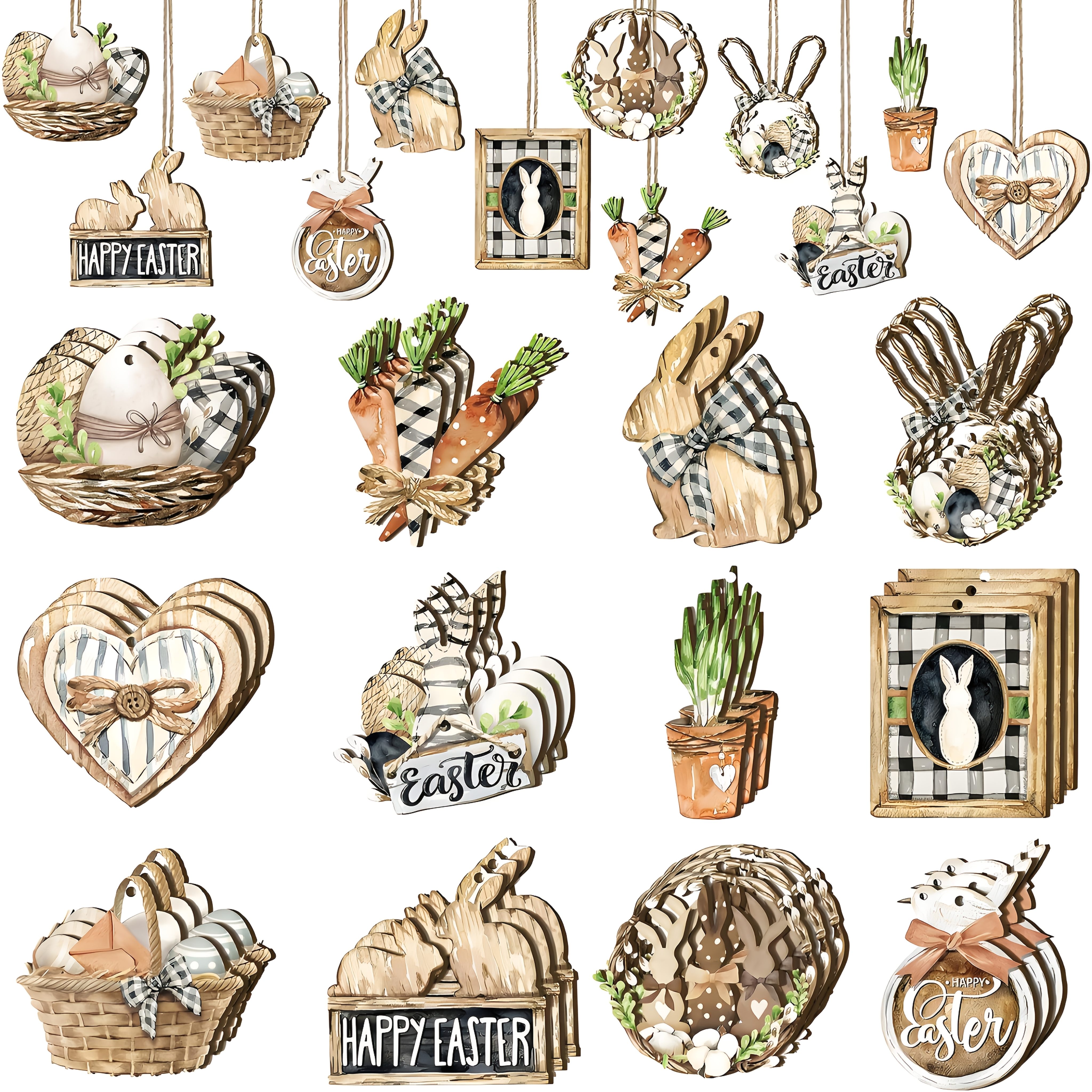 

24pcs Vintage Wooden Easter Decorations Set, Animal Themed Hanging Pendants, Holiday Ornaments For , Home & Tree Decor, No Electricity Needed