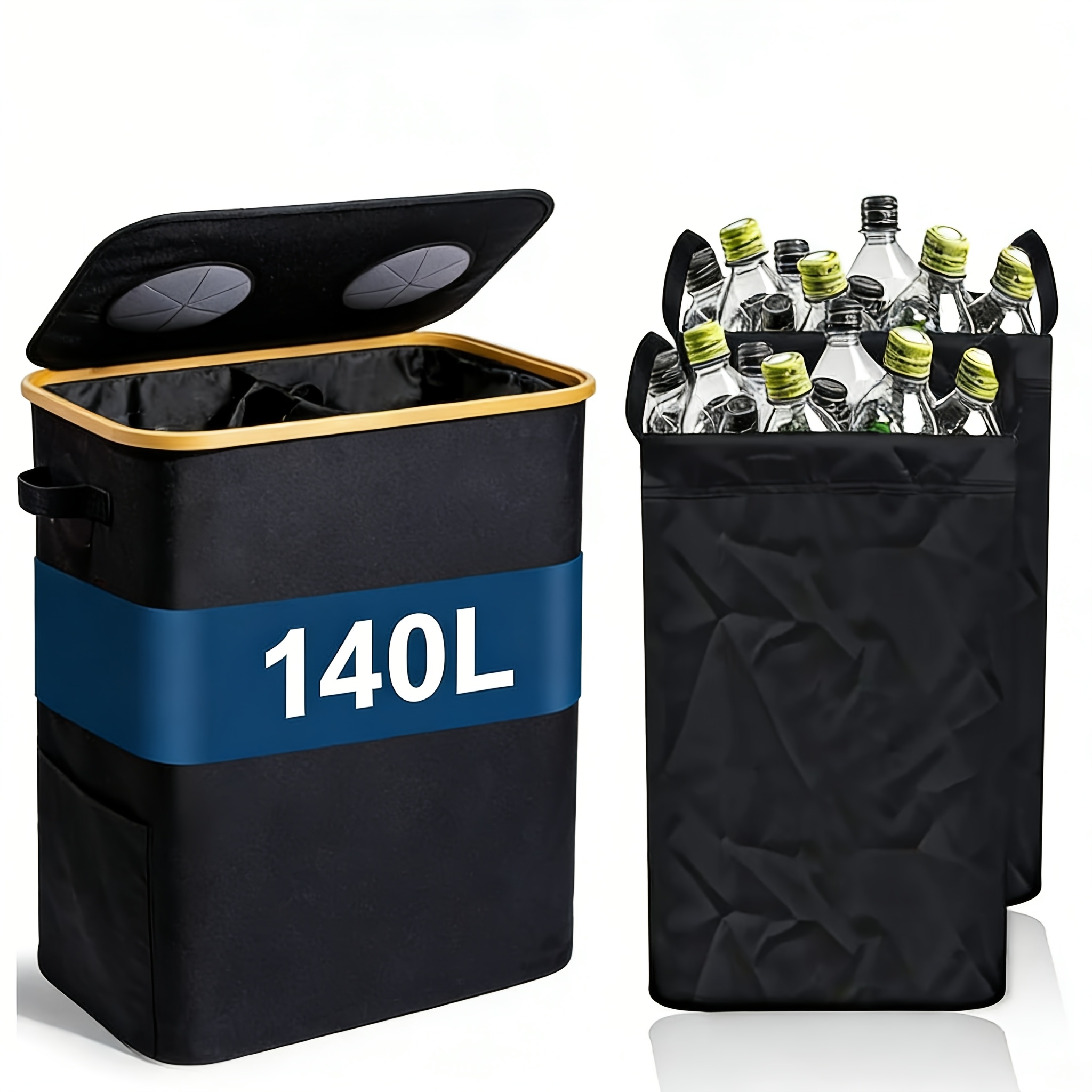 100l Bottle Collection Container With Lid, Black, Bottles & Glass Storage With Hole, Including Xxl Carry Bags, Foldable Trash Bin For Kitchen And Storage Room