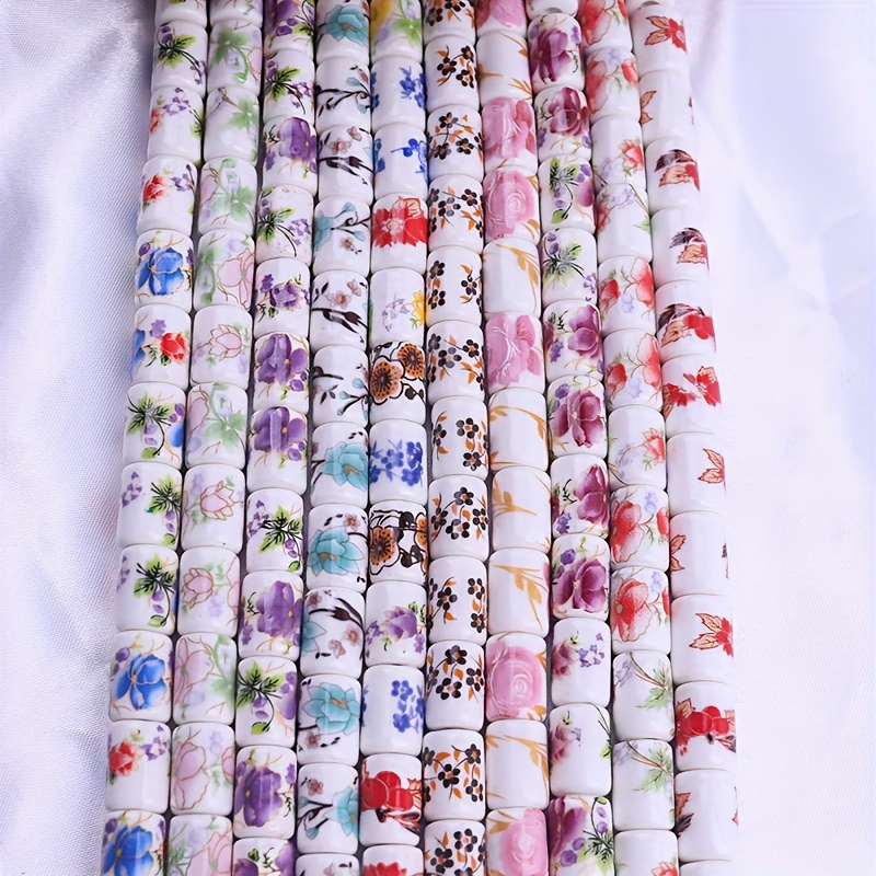

25pcs Ceramic Beads For Jewelry Making, Handmade Cylinder Printed Loose Beads 12*8mm, Ethnic Craft Supplies For Bracelets Necklaces