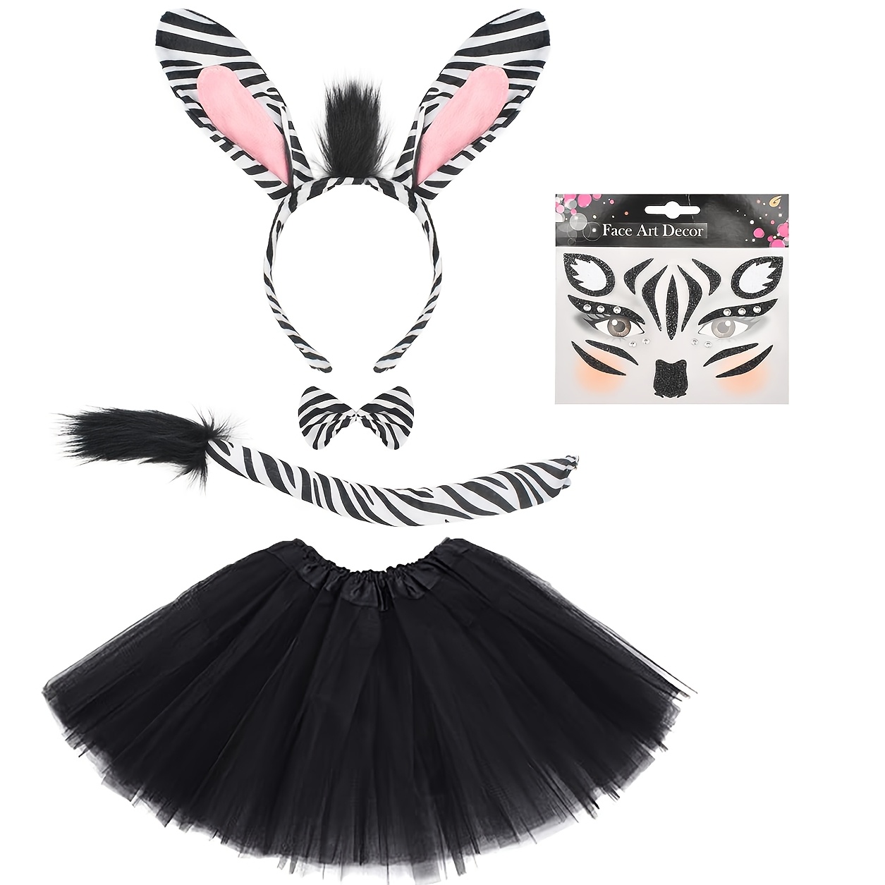 TEMU A 4/5pcs Zebra Costume Set, Including Zebra Ear Headband, Zebra Tail, Bow Tie, Decorative Stickers, And Tutu Skirt, Perfect For Halloween,