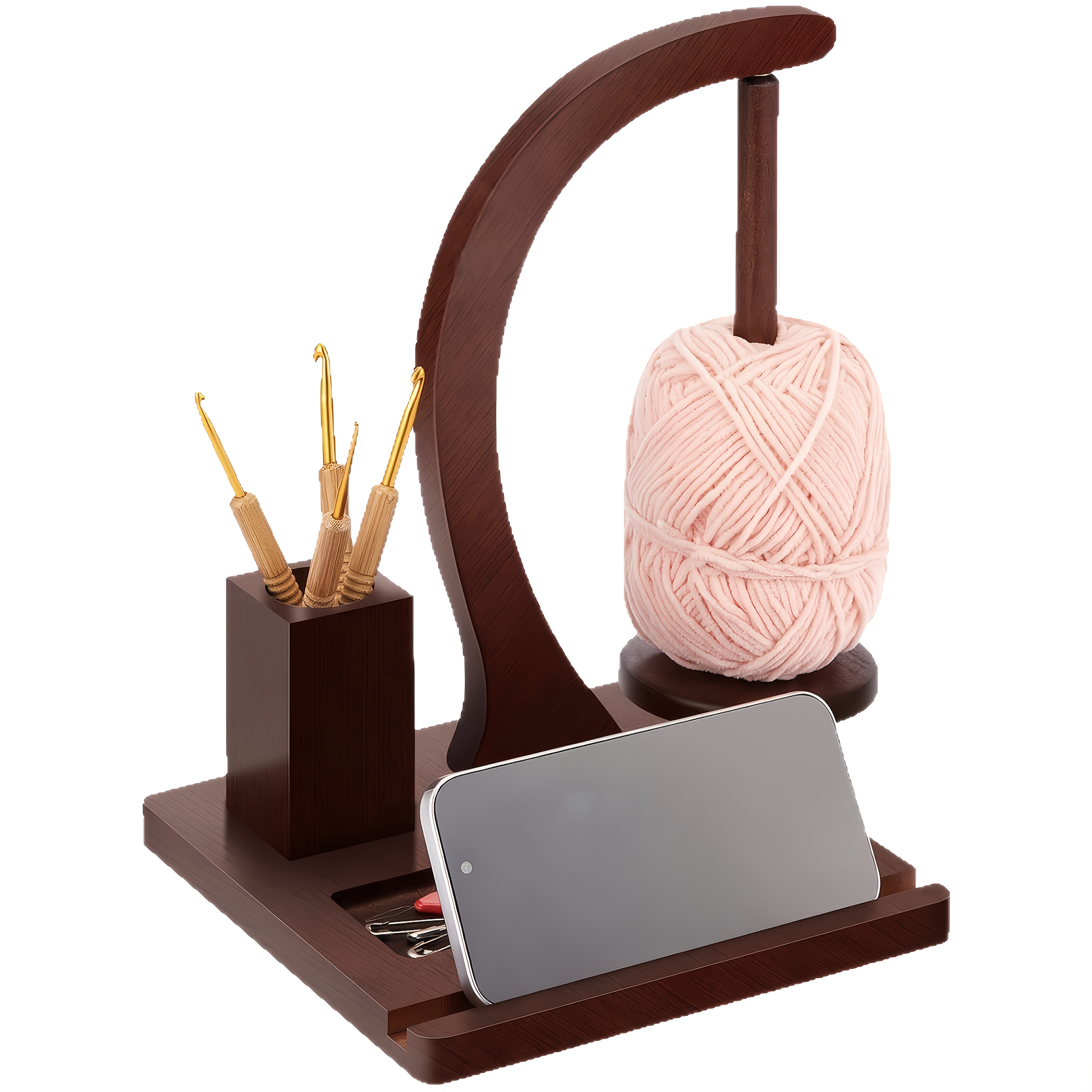 1pc Wooden Yarn Holder, Rotatable Knitting Yarn Ball Stand With Phone Holder, Multifunctional Thread Spool Rack