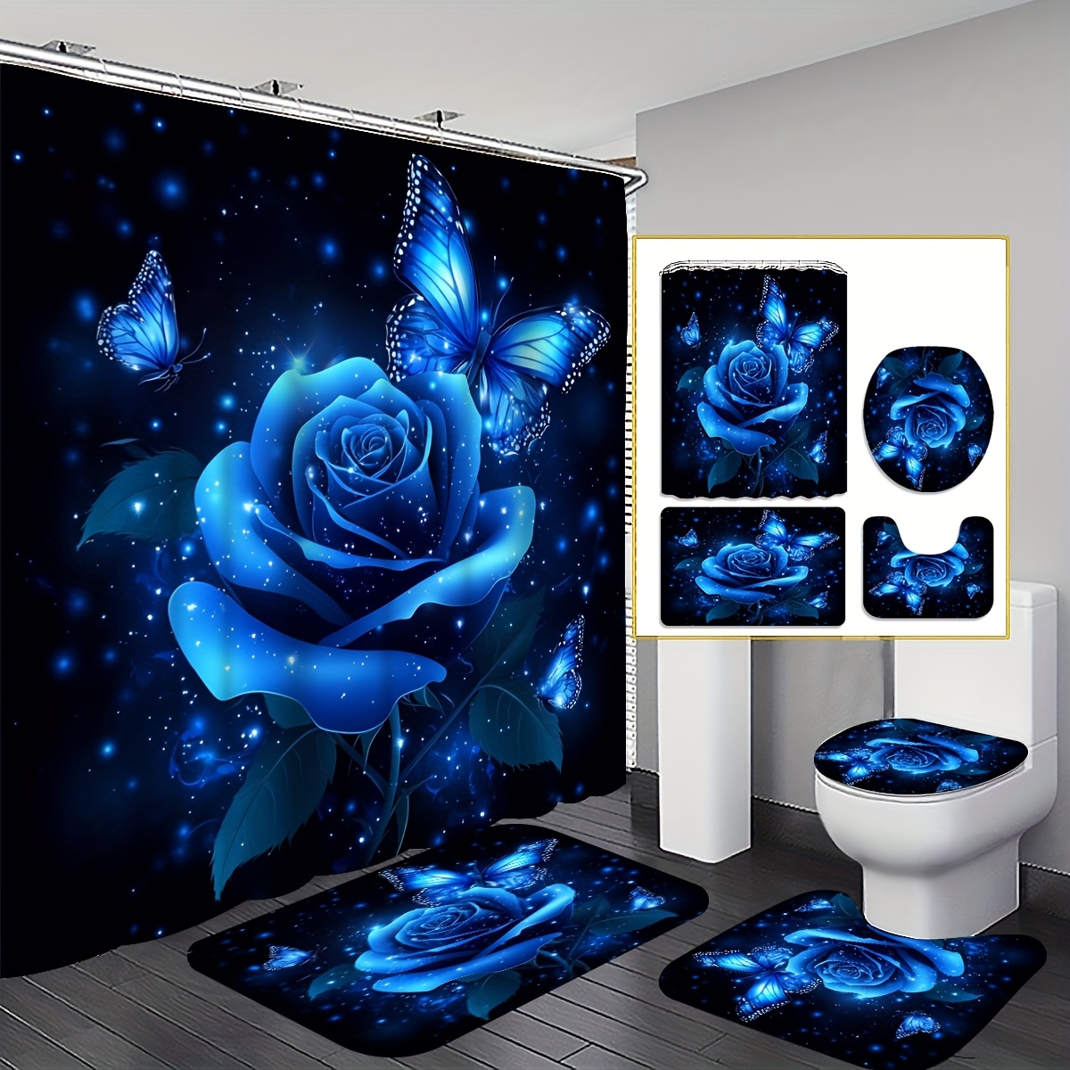 TEMU 4pcs 2d Flat Blue Curtain Set, Blue Rose With Butterflies Bathroom Decor, Accessories With Bath Mat, U-shaped Mat, Toilet Lid Cover, 12 Hooks