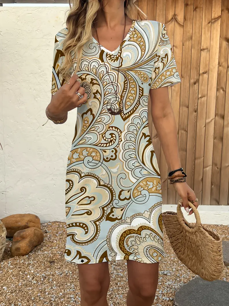 paisley t shirt dress Paisley T Shirt Dress Blue Women Summer Floral Print Cotton Mini-Dress Designer Style Country Look Butterfly Design Casual Wear Outdoor