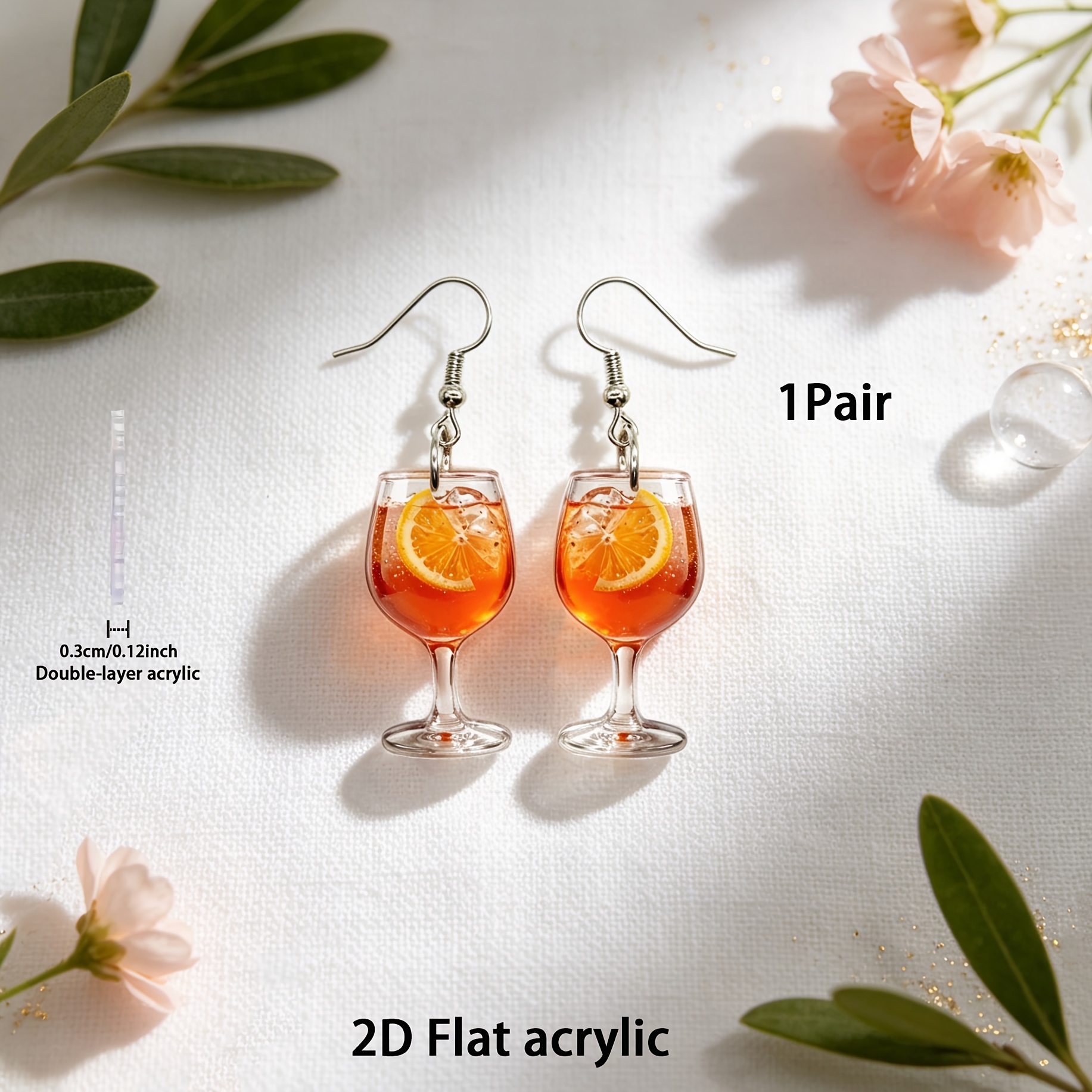 TEMU 2d Flat 1 Pair Funny Mini Cocktail Wine Glass Dangle Earrings, Realistic Orange Orange Beverage Cup Acrylic Drop Earrings, Cartoon Cute Drink