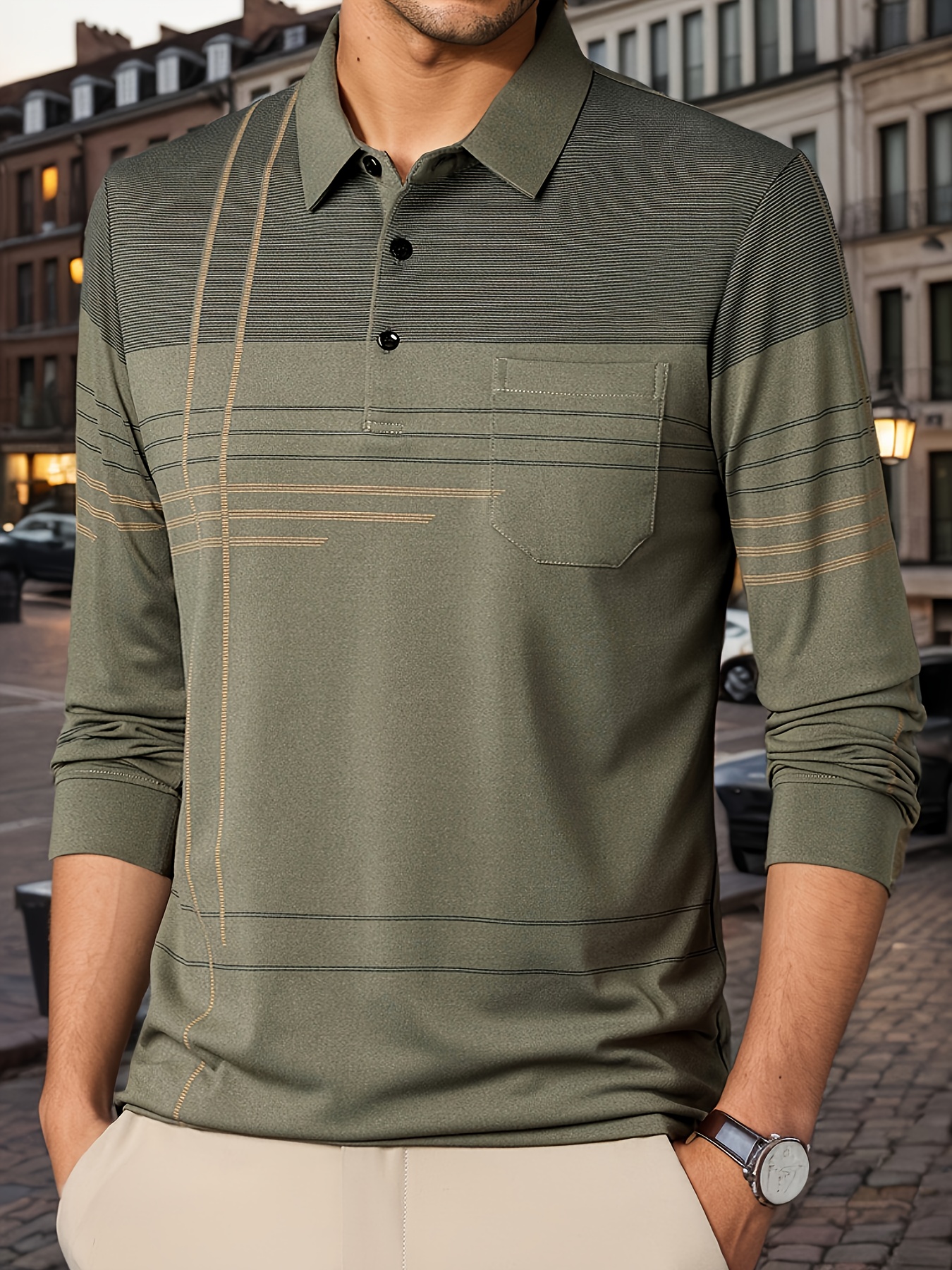 chemise à rayures vintage pour homme avec poche - respirante, manches longues, détail bouton pour le golf & activités air Détails du produit 1