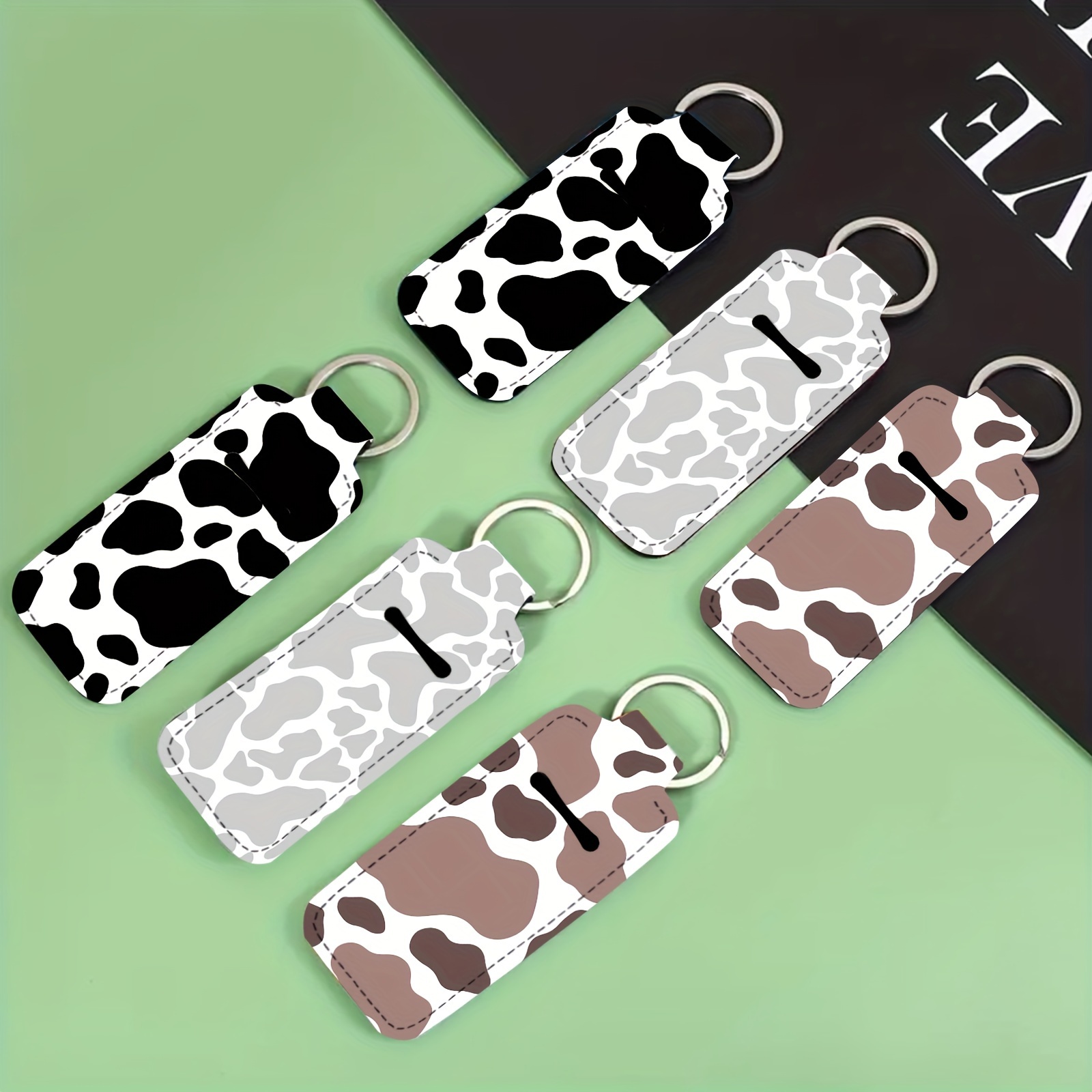 

6pcs Cow Print Neoprene Lip Balm Holders - Stainless Steel Keychain Clips For Travel & Outdoor, Fashion Accessory