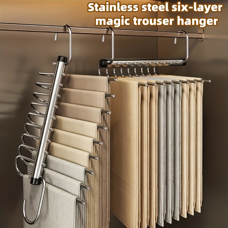 1pc 6 tier magic hanger pants hanger stainless steel reinforced heavy duty multi layer pants rack with anti slip rubber caps and fixing rubber rings   saving   wardrobe organizer six tier overall cabinet underwear hanger