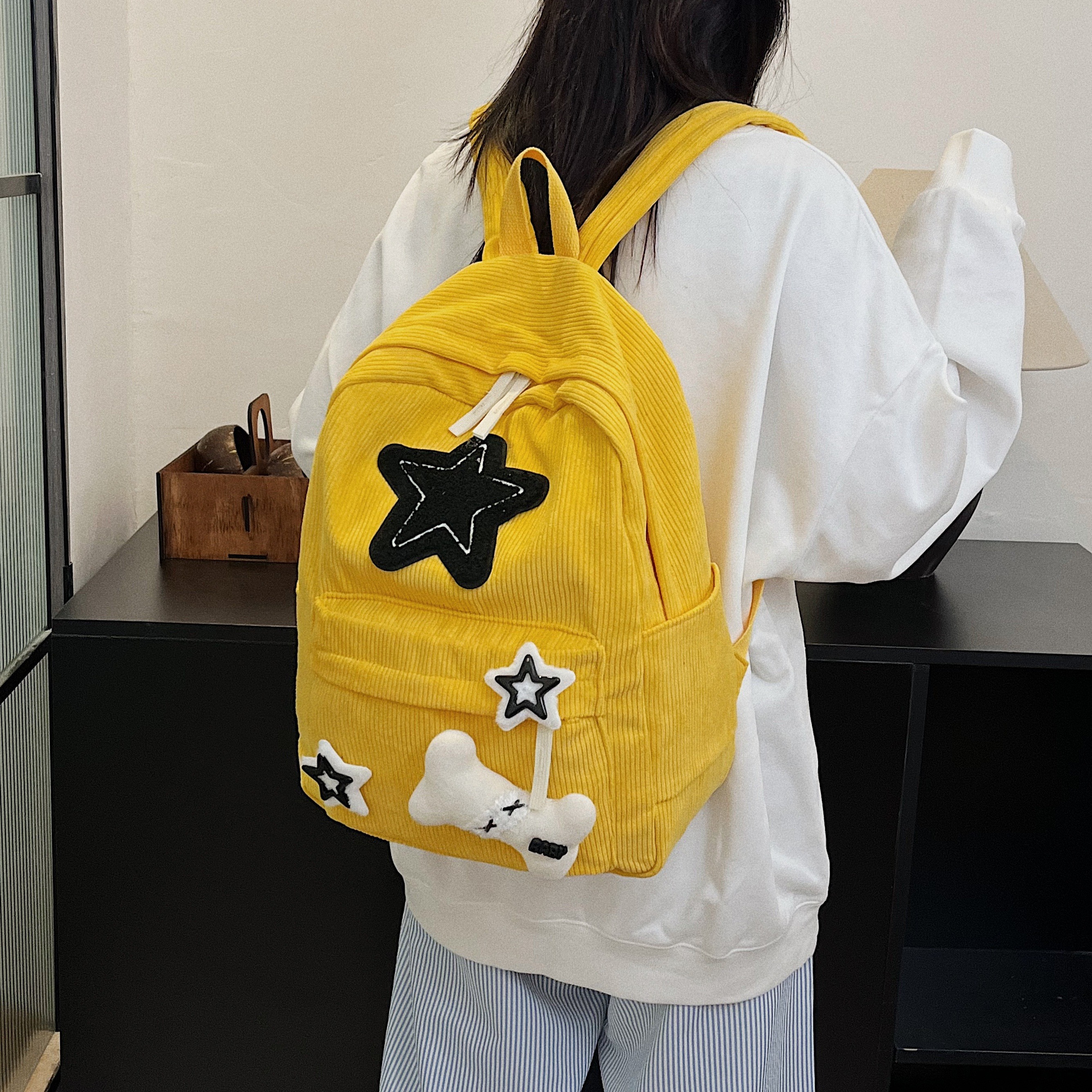 womens corduroy backpack laptop compartment bone star Temu New