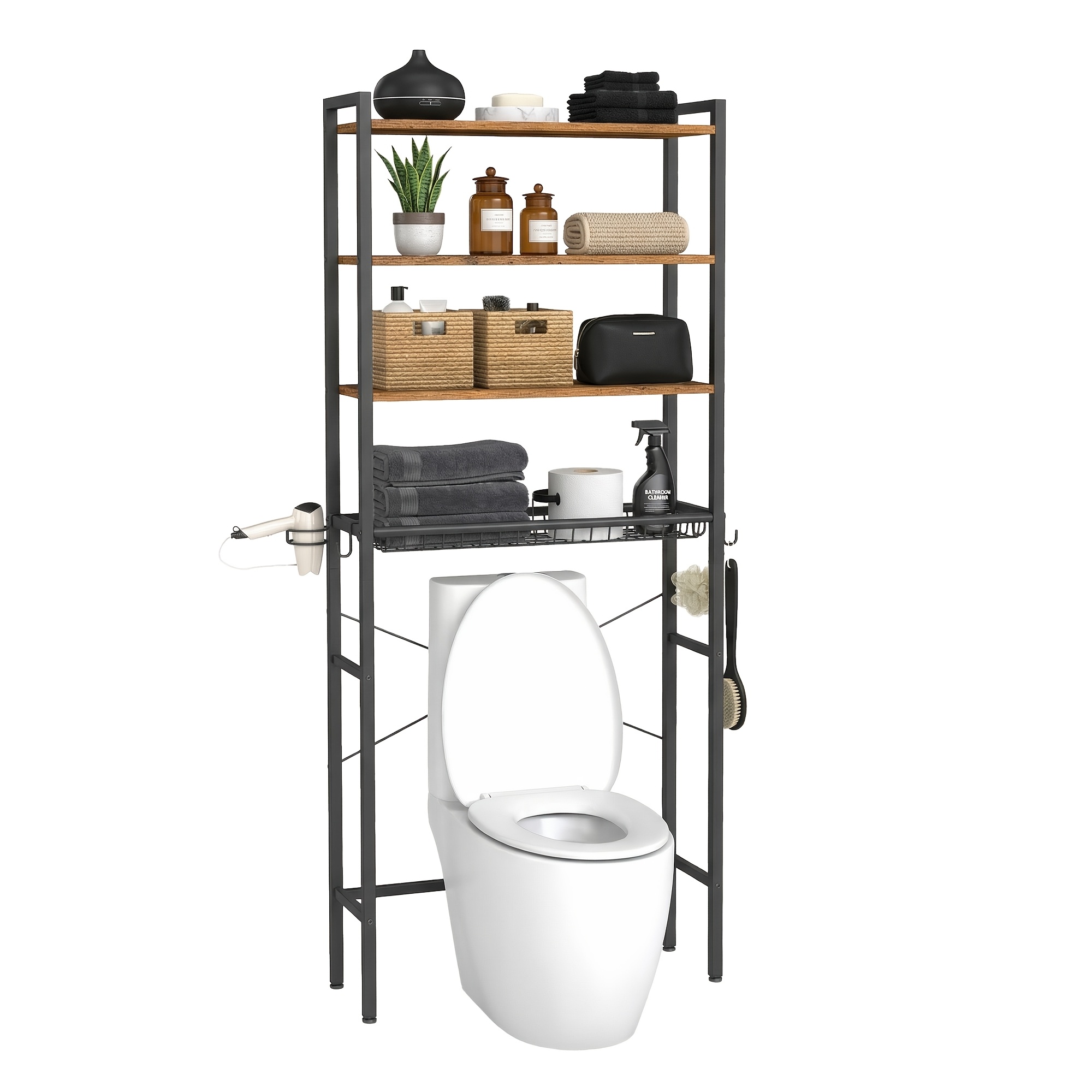 Image of Toilet Shelf, Bathroom Shelf With Adjustable Shelves And Wire Basket, Toilet Shelf With Hairdryer Holder, 3 Hooks, Space-, 24 X 60 X 173cm