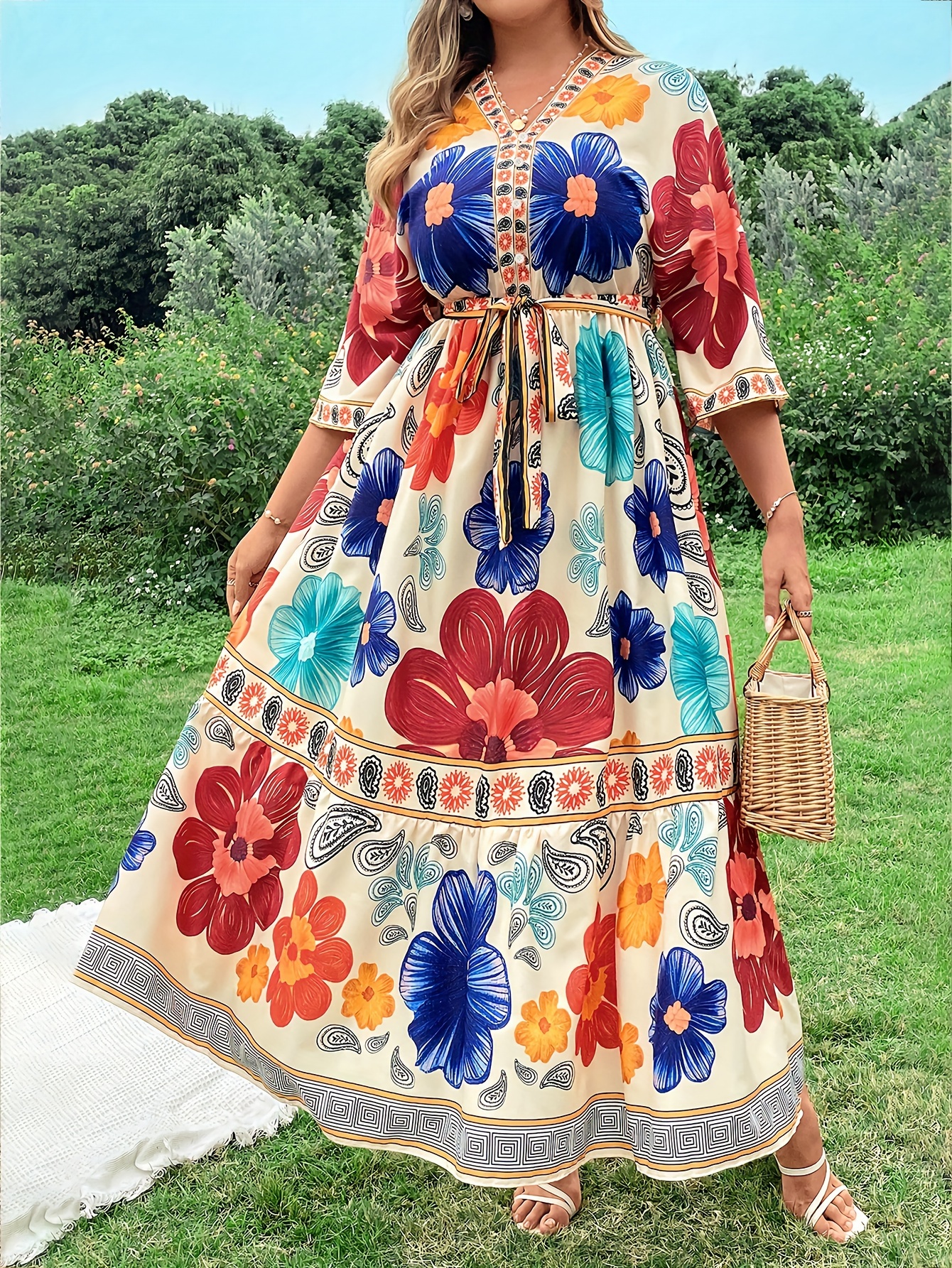 floral print lace swing dress elegant v neck dress spring - Temu Nigeria