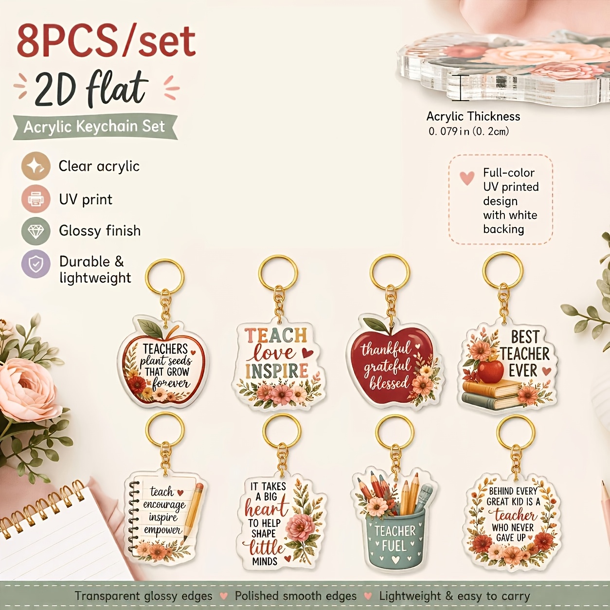 TEMU 2d , \[2d Flat] 8pcs Set Of Inspirational Teacher Thank You Acrylic Keychains, Multi-colored Floral Quote Bag Charms, Gift For Educators