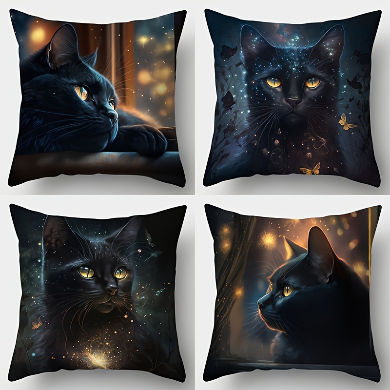 

4pcs Set Modern Black Cat Throw Pillow Covers, Polyester Zippered Cases For Sofa & Home Decor - Machine Washable, Single-sided Print, Living Room, Bedroom, Car