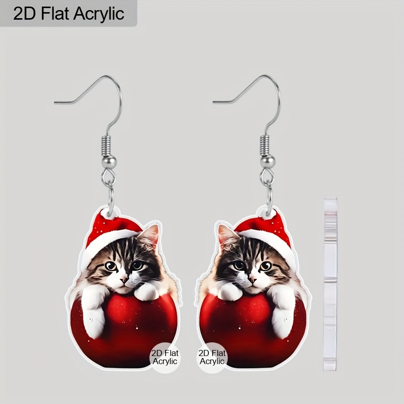 2d Flat - Stylish 2d Flat Acrylic Red Cat Earrings For Women, Perfect For Christmas And Festive Holiday Parties, A Great Gift For Females