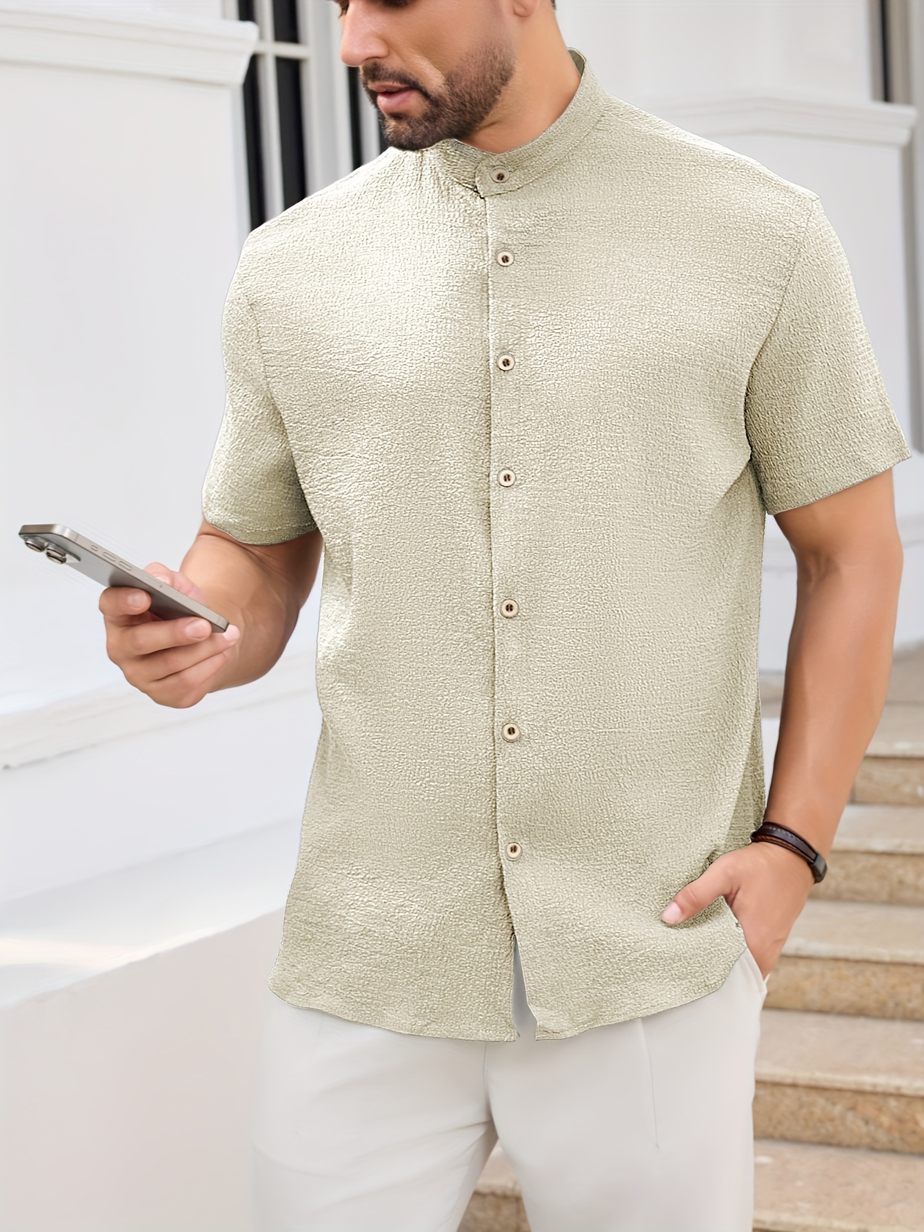 Men'S Lightweight Summer Casual Shirt - Solid Color Beige, Short Sleeve, Stand Collar, Button-Up, Breathable Woven Fabric for Outdoor & Weekend Wear, Relaxed Fit Shirt | Classic Collar Shirt | Durable Fabri