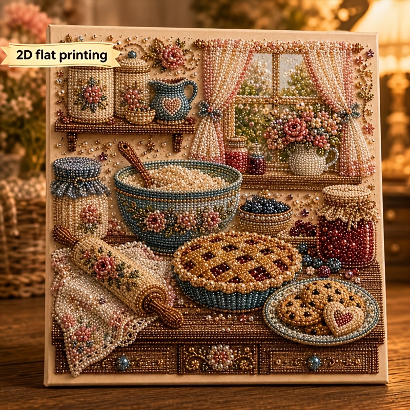 TEMU 2d Flat Printing | Diy Pearl Art Diamond Painting Set | Warm Sewing Room Pattern | Includes Round Pearls, Clear Symbol Canvas, Full Set Of Tools