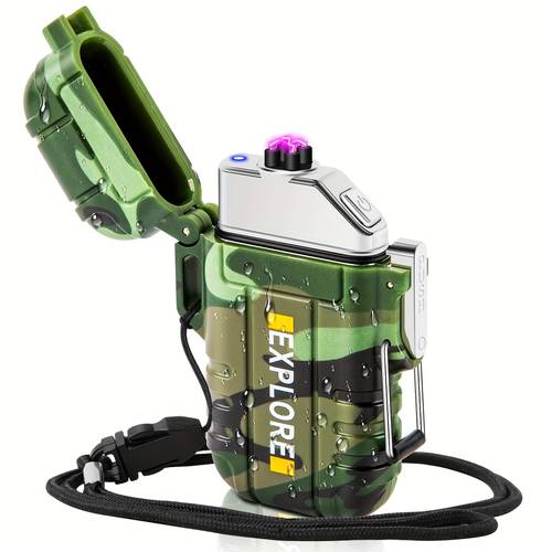 rechargeable arc plasma lighter windproof flameless with whistle design for camping survival usb charging alloy camouflage pattern power bank functionality outdoor lighter unique style construction