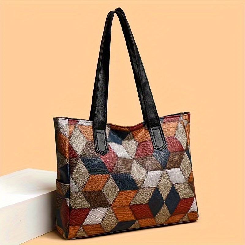 

Chic Women's Large Capacity Tote Bag - Colorblock , Faux Leather With Zip Closure, Daily & Shopping