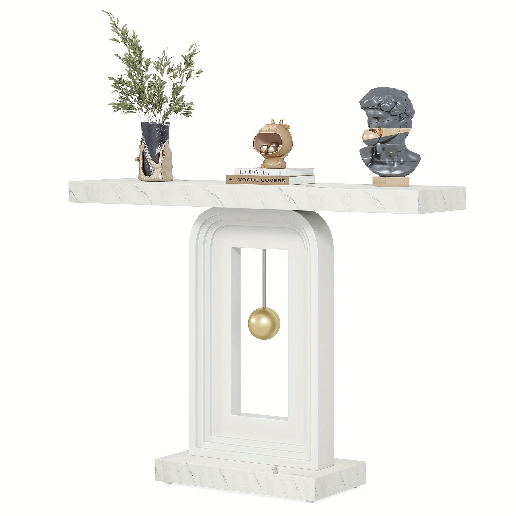 

Modern Console Table, 40 Inches Narrow Sofa Entryway Table With Pendulum Shape Base, Contemporary Wood Accent Table For Living Room Hallway Entrance, Faux Marble White