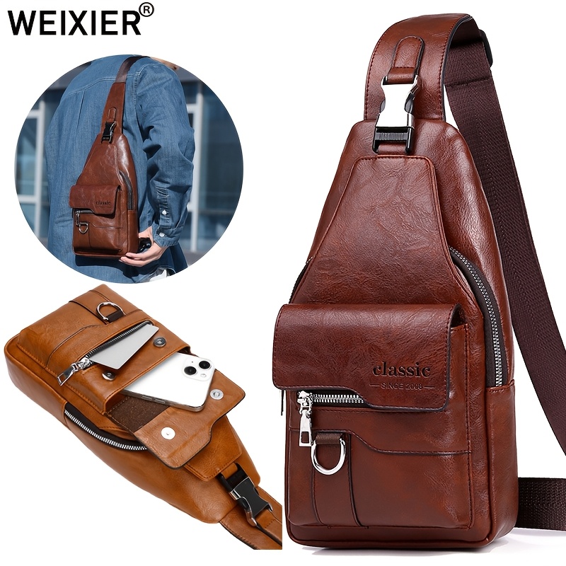 

1pc Weixier Unisex Leather Sling Bag, Casual Vintage Crossbody Shoulder Pack With Multiple Pockets, Lightweight Portable Chest Bag For Travel, Shopping, Sports, School, Commuting - Zippered, No