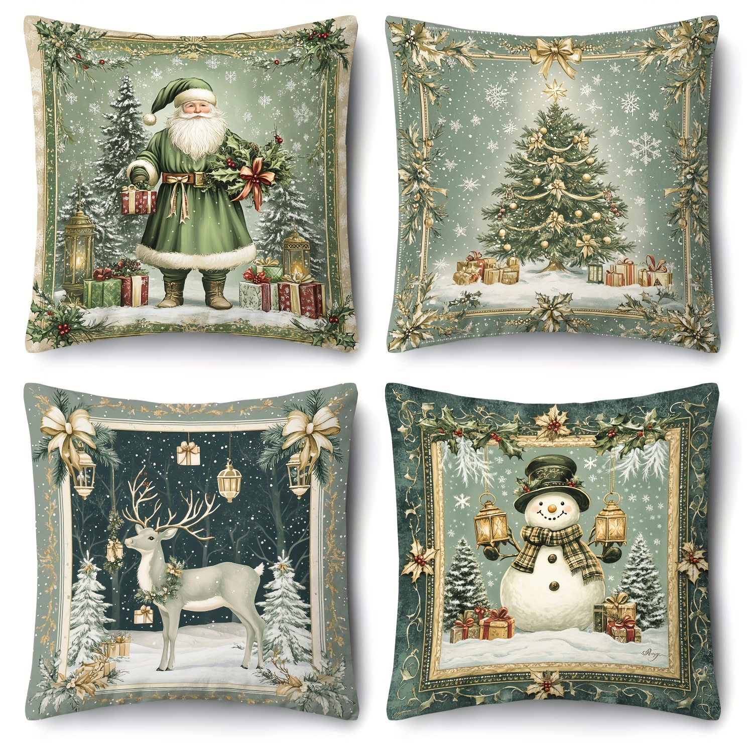 TEMU Set Of 4 Cushion Covers For Christmas And Winter Featuring Designs Of Santa Claus, Snowman, And Elk. Made From Soft Velvet, Covers Are Perfect