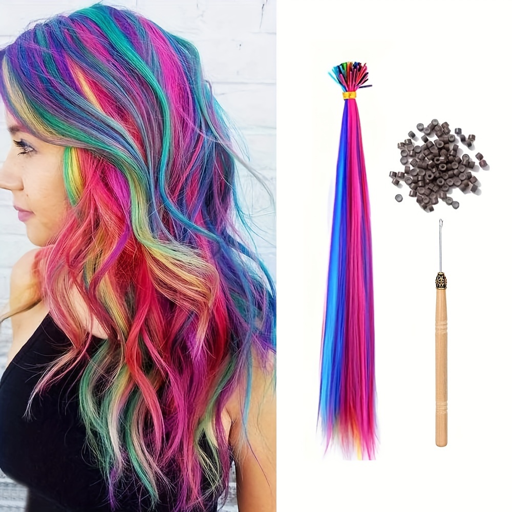 

16 Inch Rainbow Hair Extension Kit With Crochet Hook And Ring Synthetic Color, Stick Stick Hair Extension, Soft & Smooth, Suitable For All Hair Types