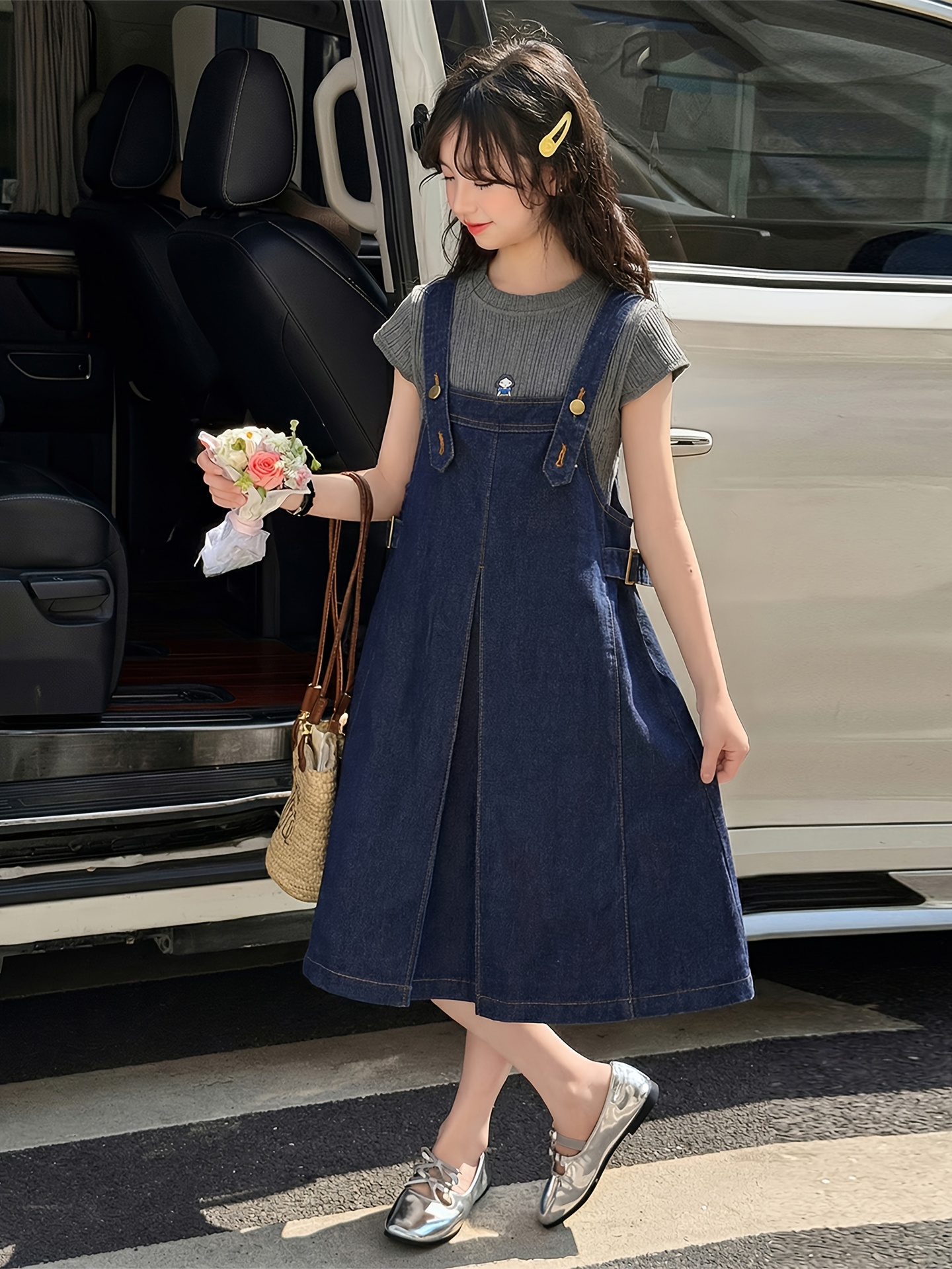 white christmas dresses Indigo Cotton Denim Pinafore Midi Wrap Dress 52