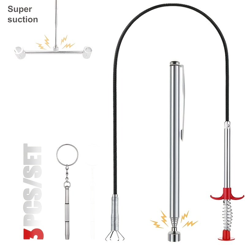 TEMU Ensemble d'outils spécial 3 pièces, porte-clés 3-en-1 multifonctionnel, tournevis, alliage d'aluminium, rétractable, tige d'aspiration argentée