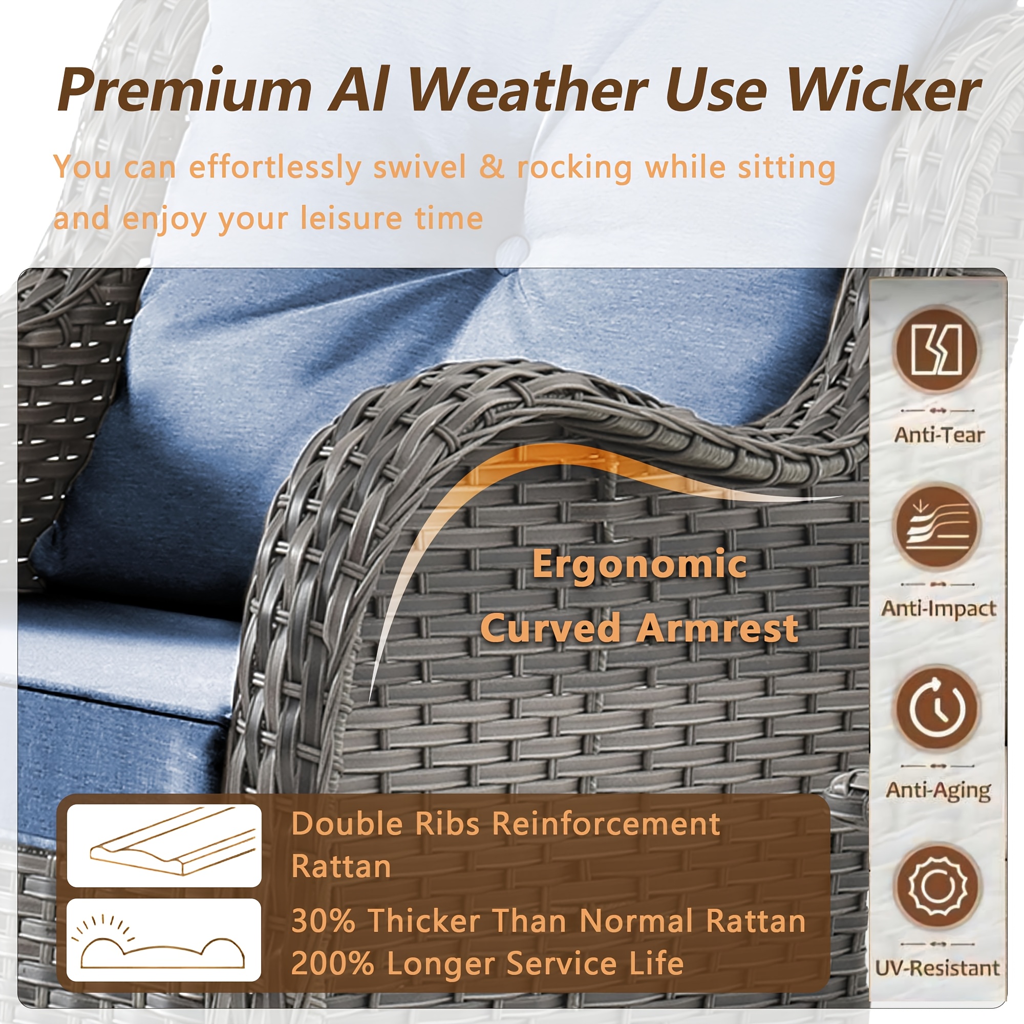 9pcs outdoor rattan furniture set made from all weather materials featuring 360 swivel rocking chairs a sofa ottomans and a tempered glass side table this high quality wicker is   Product details 2