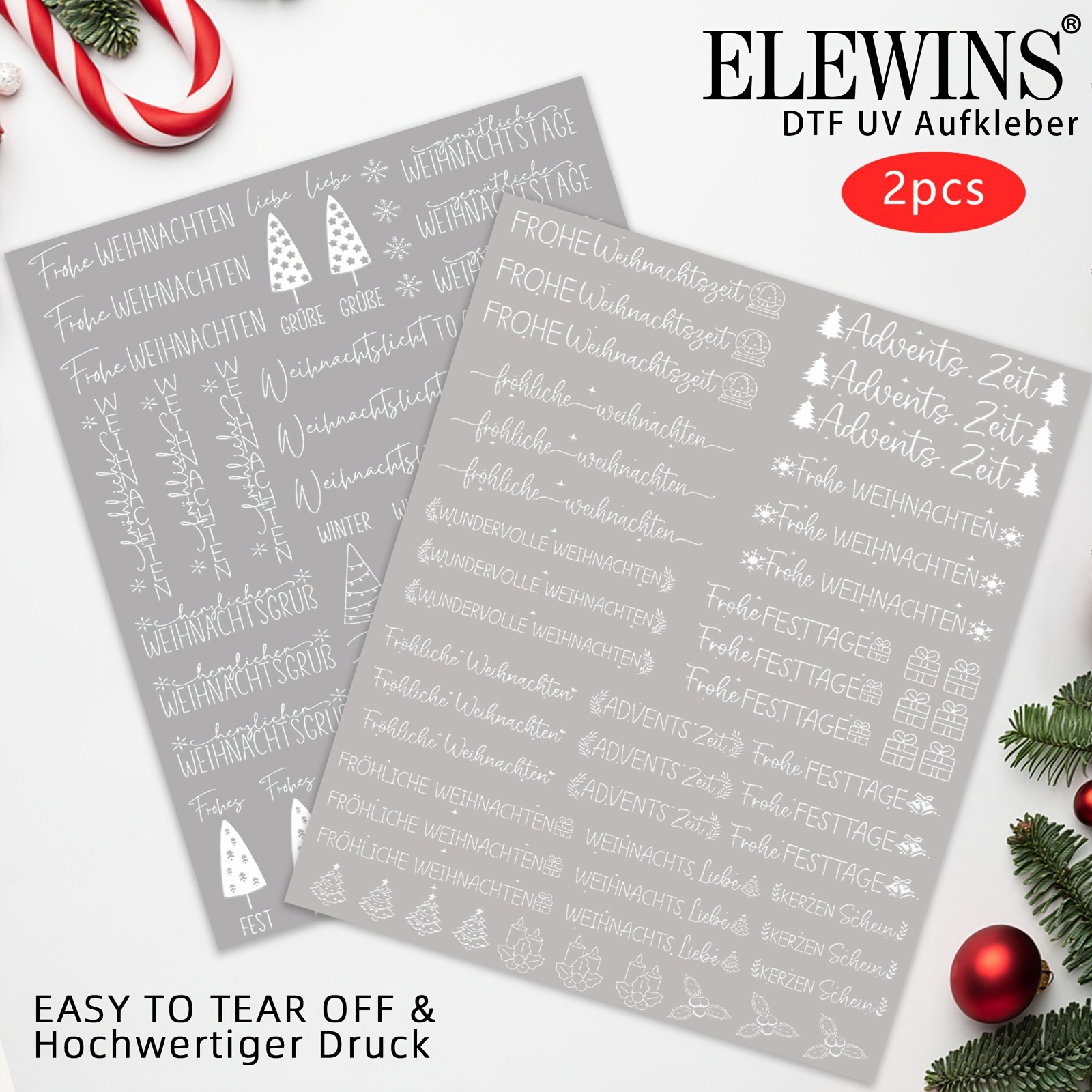 TEMU 2pcs White German Christmas Themed Uv Dtf Transfer - Candle, Self-adhesive For Glasses, Bottles, And Crafts - Perfect For Beach Parties,