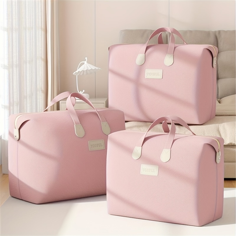 

Chic Pink Leather Storage Bag - Large Capacity, Waterproof & Moisture-proof Organizer For Clothes And Quilts With Zipper - Home, Moving & Commercial Use