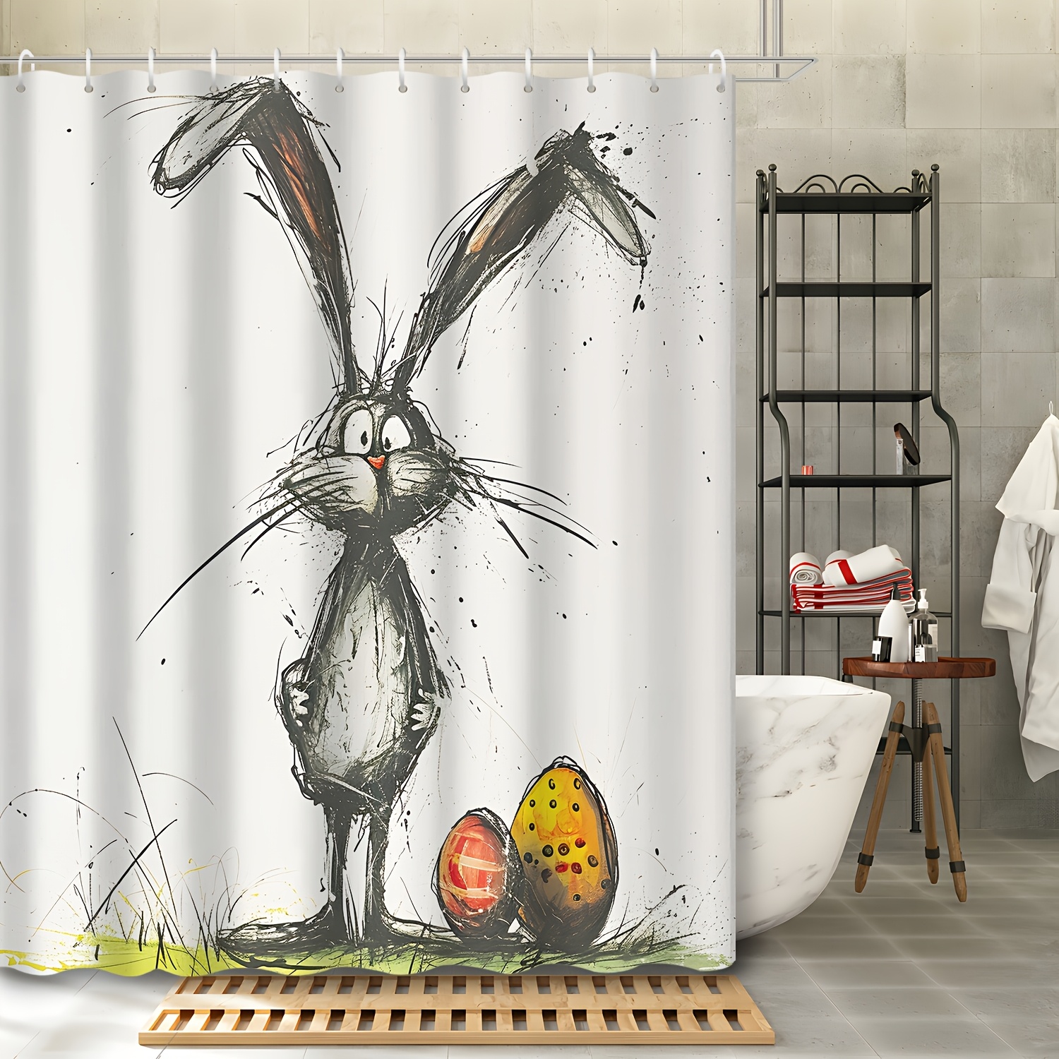 

1pc Easter Bunny Cartoon Shower Curtain, Water-resistant Polyester Fabric, Machine Washable, Unlined, Woven, Grommet Top, Animal Theme, , Includes 12 Hooks, Easter Holiday Bathroom Accessory