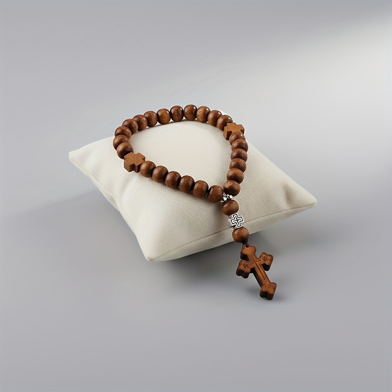 Image of Single Wooden Bead Car Accessory Hanger, Stylish Keychain For Bags And Keys, Motivational Car Decoration Ornament, Vintage Hand-carved Cross Pendant, Spiritual Meditation Present