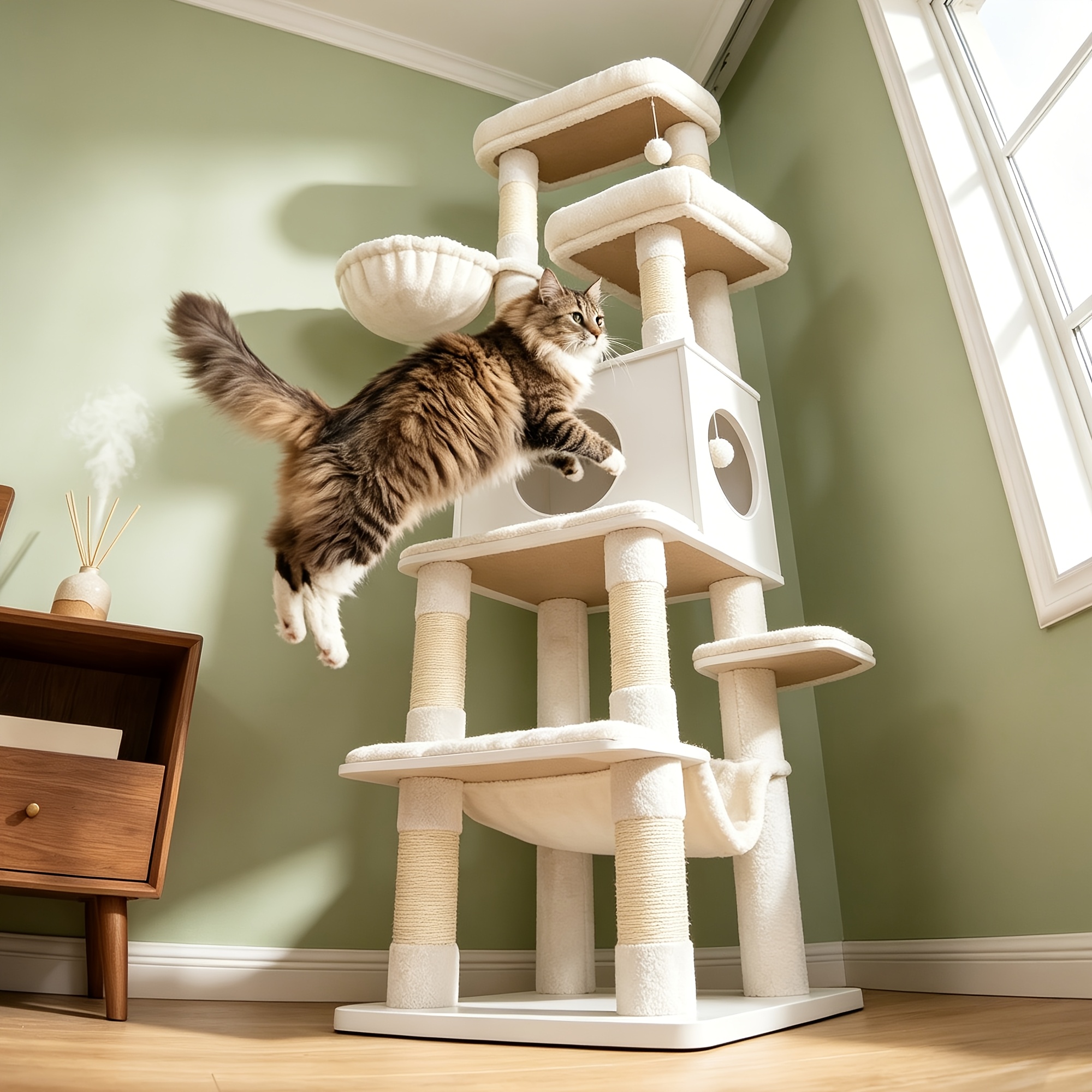 TEMU Large Cat Tree, 8 Sisal Posts, Washable Cushions, Large Platform Cat Tower, Cat House With A Den, Hammock, Cat Basket, Thick Plush Fabric,