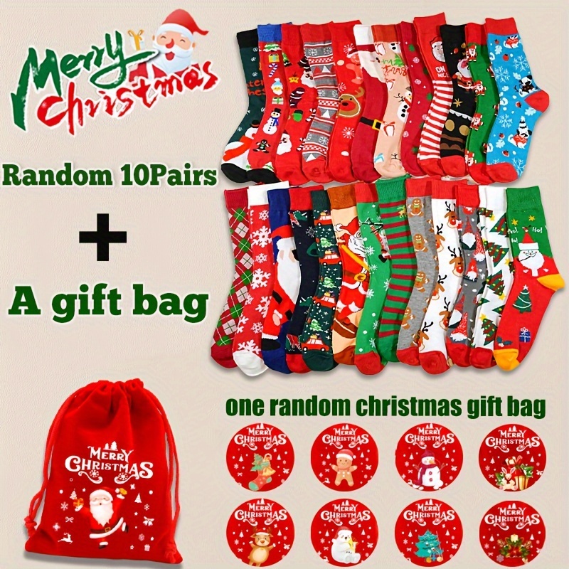 Image of Random 10 Pairs + Random Gift Bag, New Autumn And Winter Christmas Santa Claus Snowflake Small Biscuit Unisex Long Socks, Christmas Gifts For