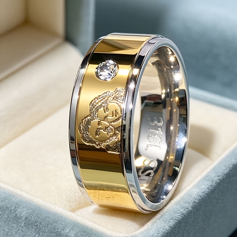 TEMU Bague large en acier au titane doré et argenté, photo personnelle, portrait, bague gravée au laser, de clous, cadeau commémoratif pour couple