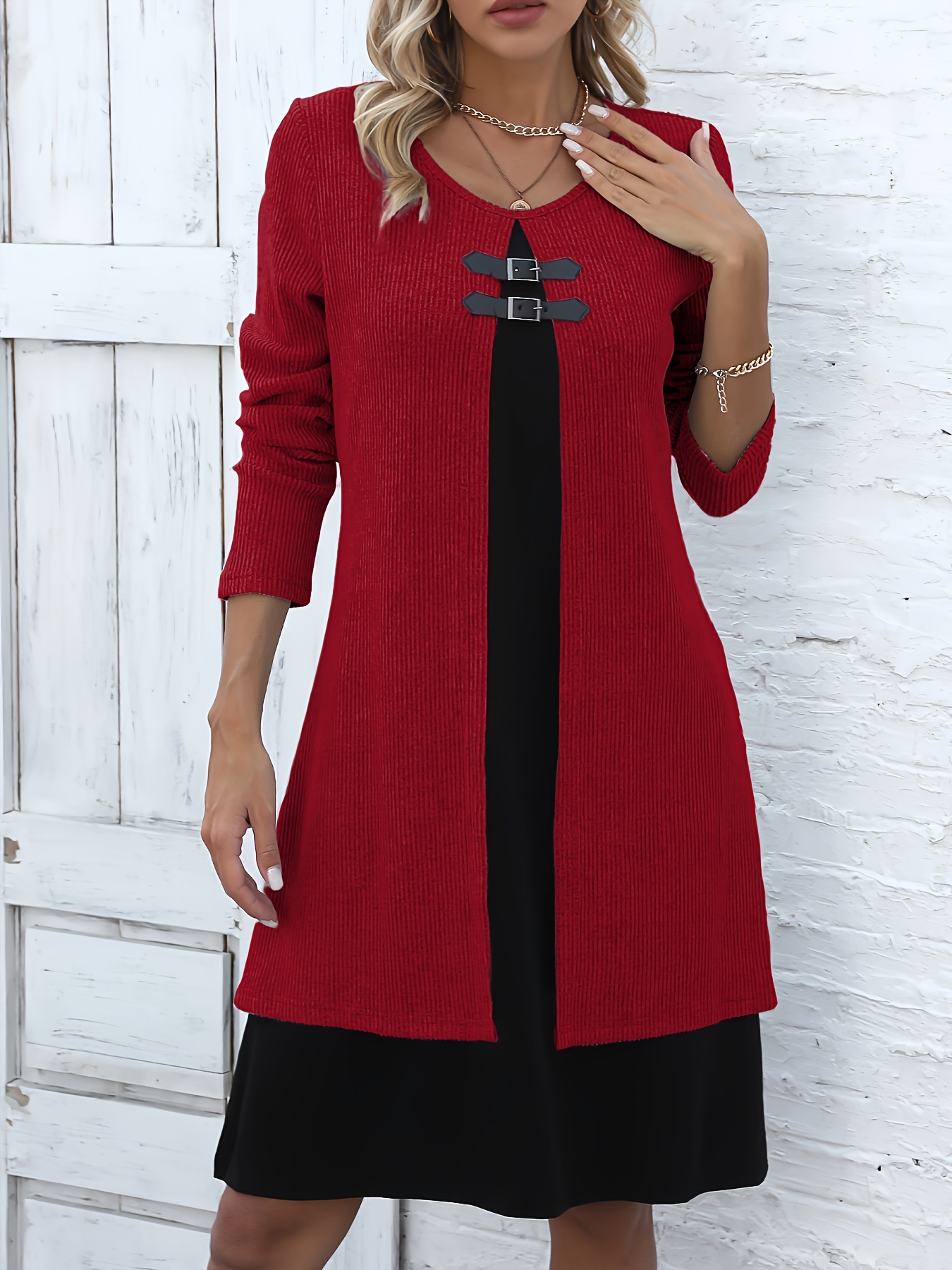 autumn winter   neck 2 in 1 look spliced color block womens fashion elegant dress