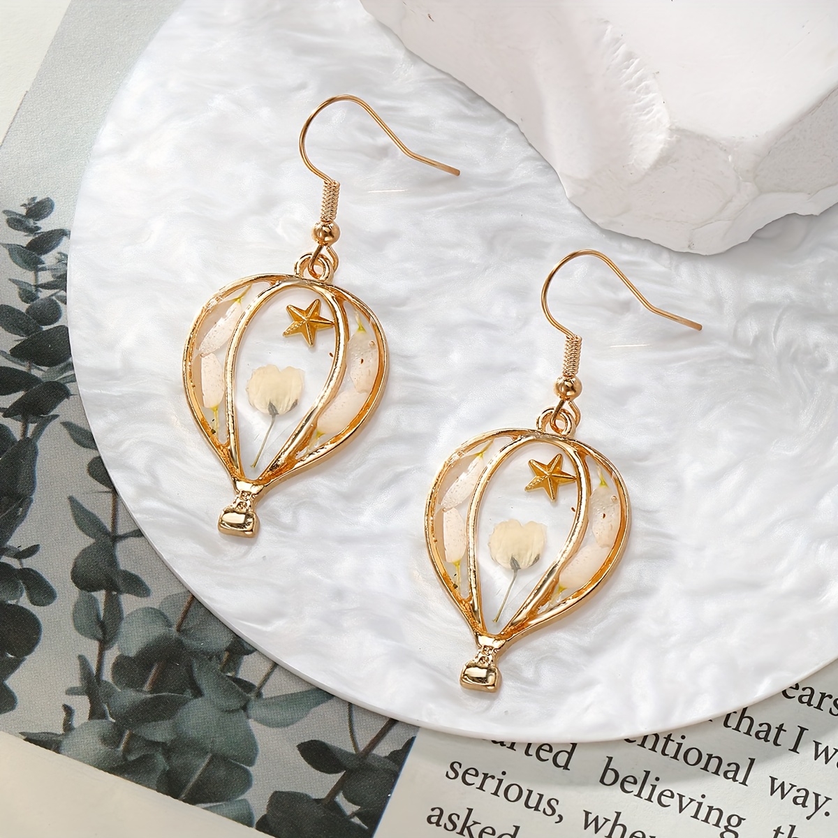 Image of Bohemian Cute Rainbow Carousel Hot Air Balloon Colorful Dried Flower Earrings Fun Rabbit Animal Drop Earrings Women's Jewelry Gift