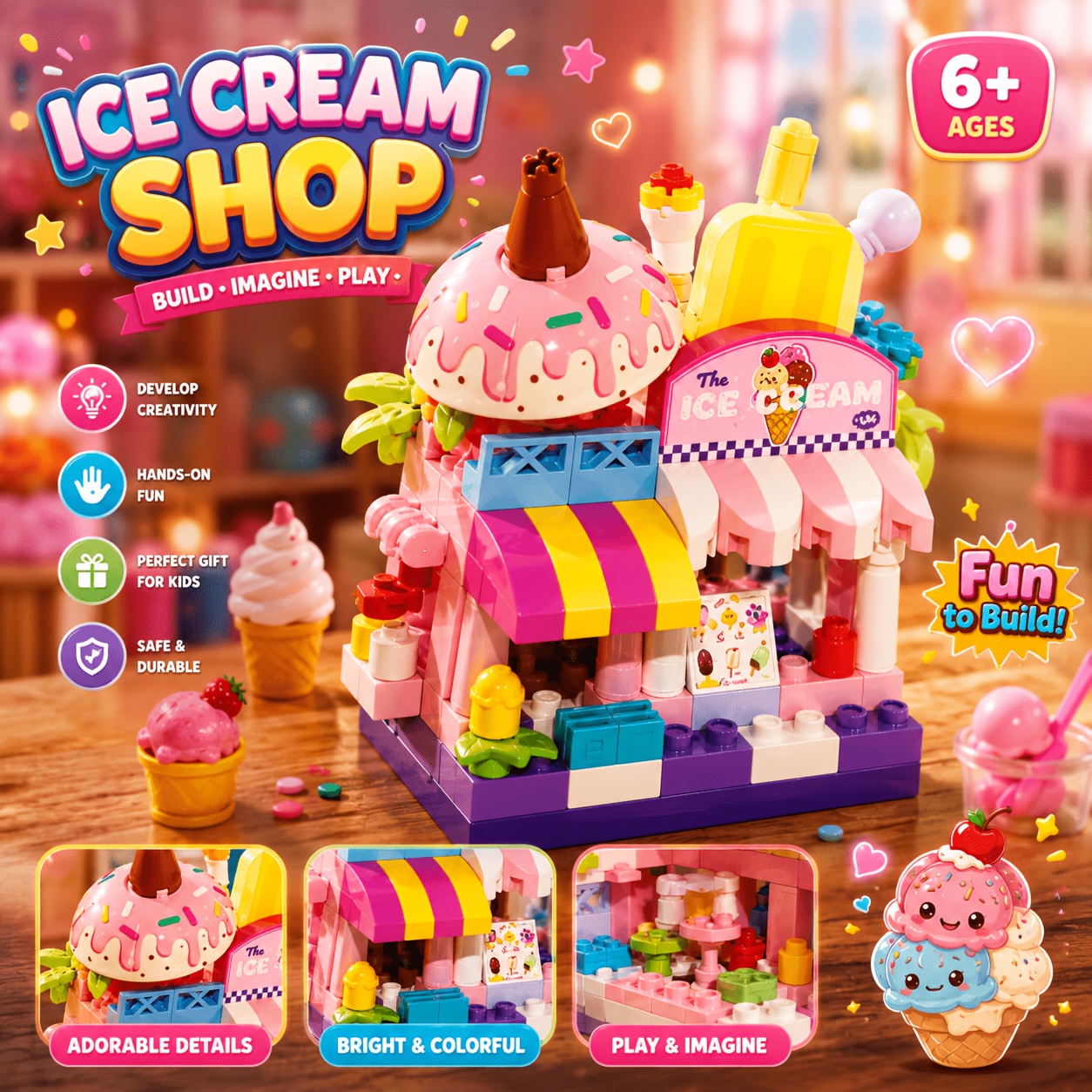 TEMU Mini Building Blocks Shop Set, Cream Burger Pet Store Model, Construction Toy, Educational Stem Building Kit Gift For Kids Ages 6+