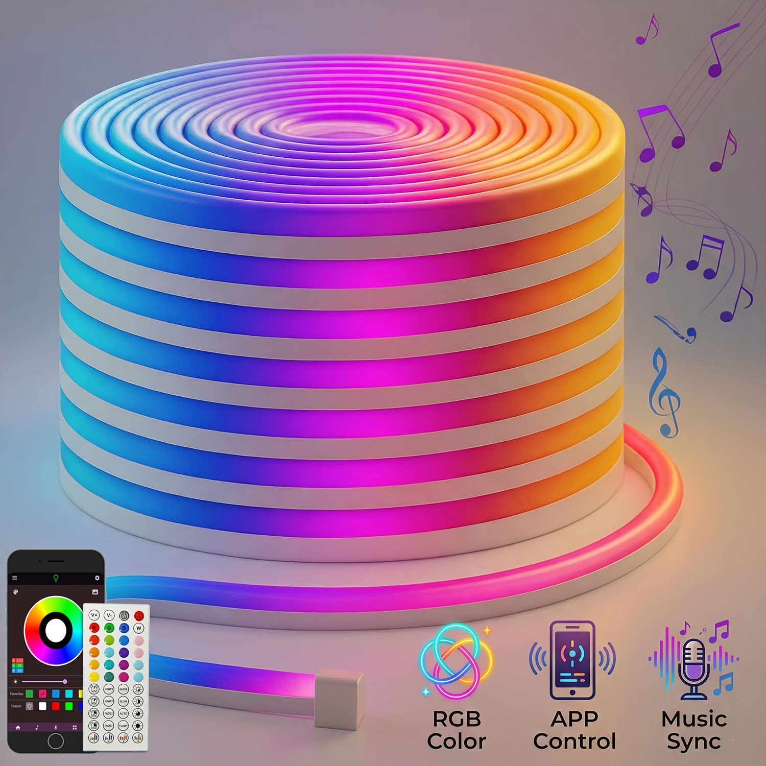 RGB Three Line Neon Lights, With APP & Remote Control, Adjustable Color, Can FollowMusic Rhythm Through APP, Flexible Neon Strip Lights RGB Rope Lights, For Bedroom Room Christmas, Decor