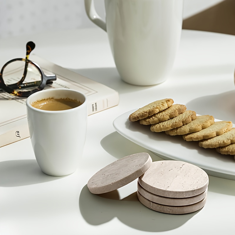 Set of 4 Natural Travertine Marble Coasters with Non-Slip Cork Backing - Round Stone Drink Coasters Suitable for Tables, Stain & Scratch Resistant, Elegant Natural Stone Table Protectors, Housewarming Wedding Gift, Durable & Aesthetic