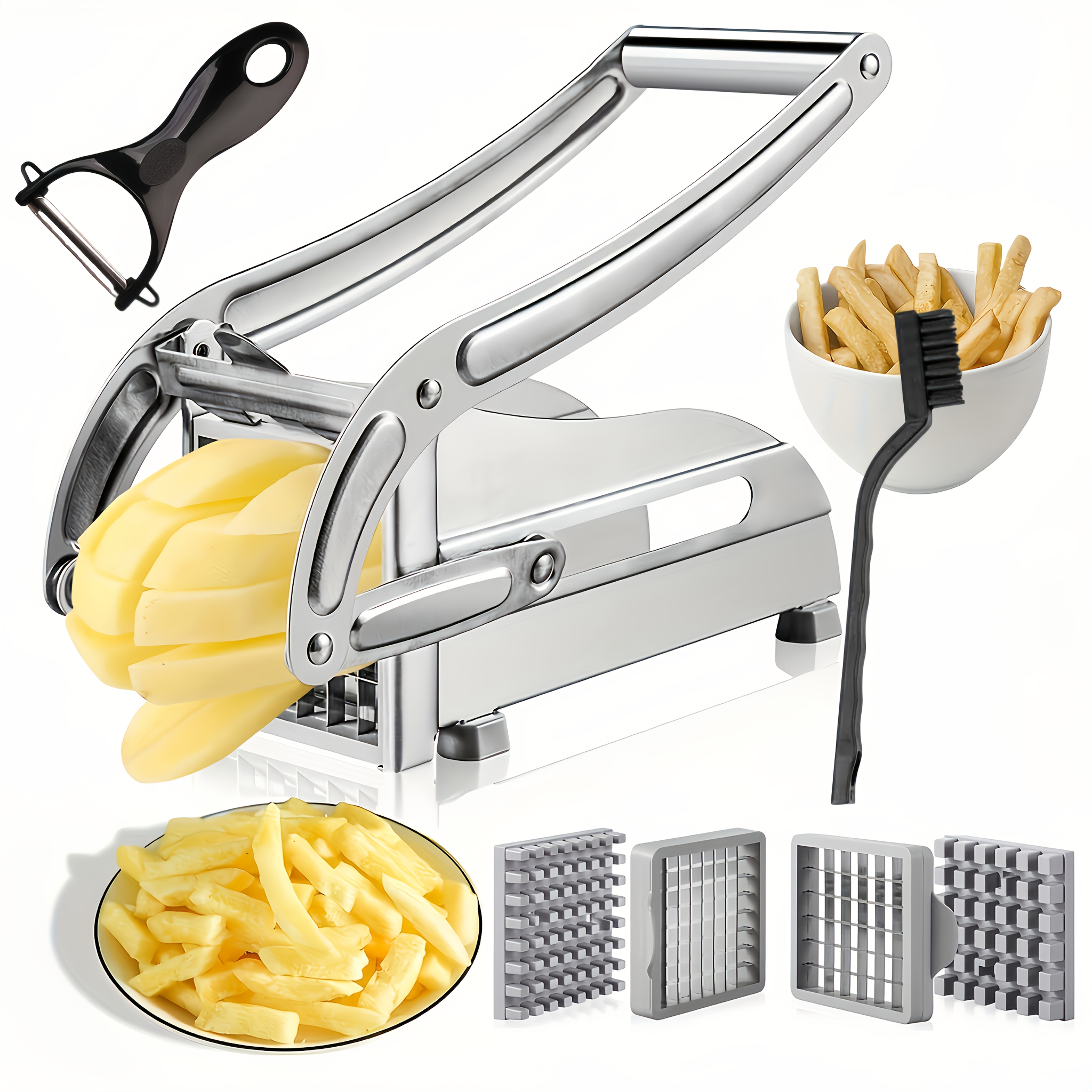 TEMU Manual Stainless Steel French Fry Cutter, Heavy Duty For Potato Slicer With 4 Replacement , Vegetable Chopper With Non-slip Suction Base,