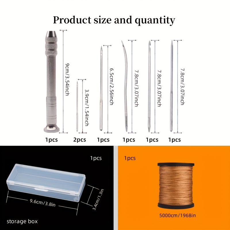 TEMU 7pcs Leather Canvas Sewing Needle Set (with Replaceable ), 50m Nylon Thread, And 1 Tool Storage Box, Hand Stitching Tools For Diy Leather Craft,