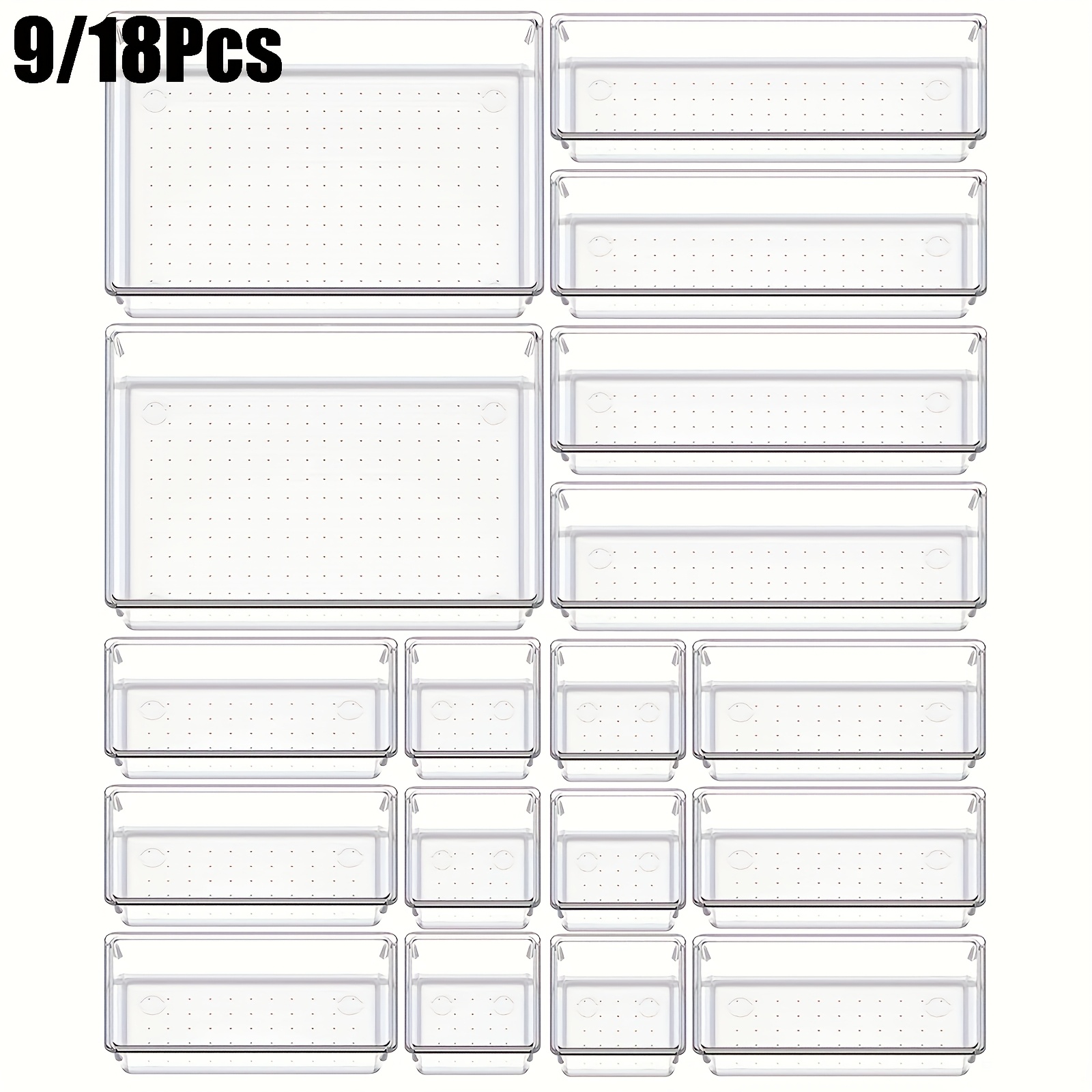 9 18pcs versatile vanity and bathroom drawer organizers set 4 size clear plastic desk drawer organizer trays and customize layout storage bins for makeup kitchen office