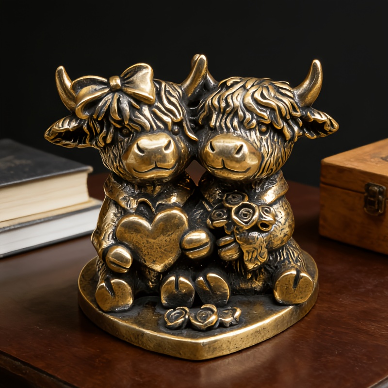TEMU Vintage Brass Highland Cow Couple Figurine Statue, Cute Sitting Sculpture With Heart, Rose, And Bow, Distressed Texture And Lifelike Fur, Nordic