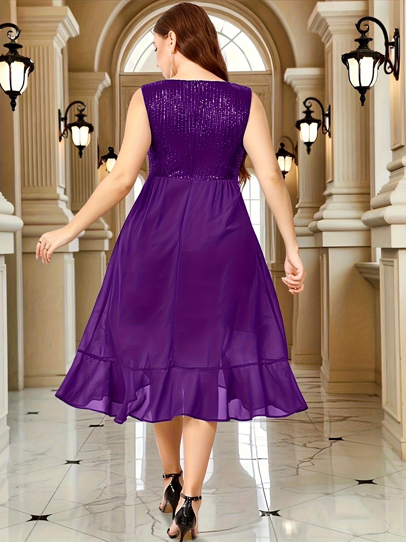 Tea Length Purple Lace Dress Women's Plus Size Elegant Sequin Lace