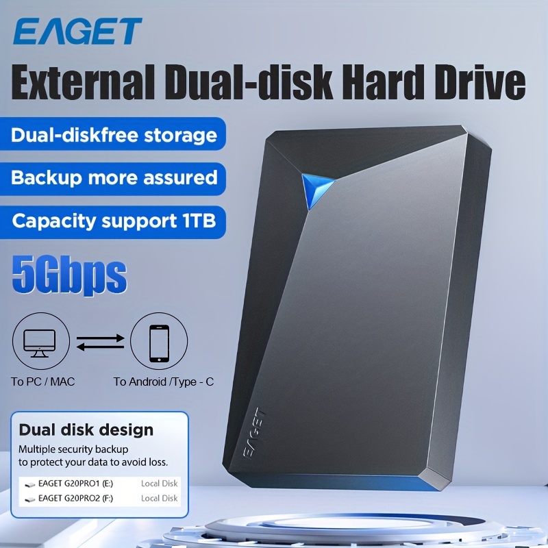 

Disque Dur Portable EAGET de 1 To à Double Disque - Stockage Externe USB 3.0, & PC, Mac, PS, Xbox - Cadeau Anniversaires & Êtres Chers